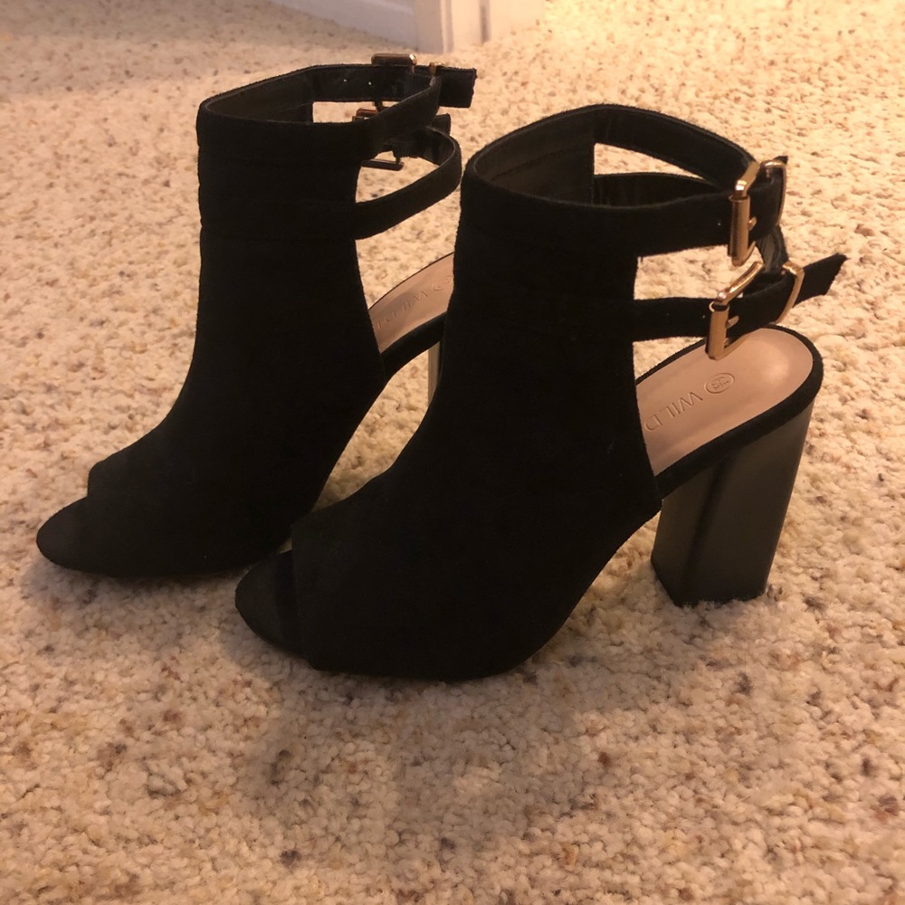 Black suede peep toe bootie